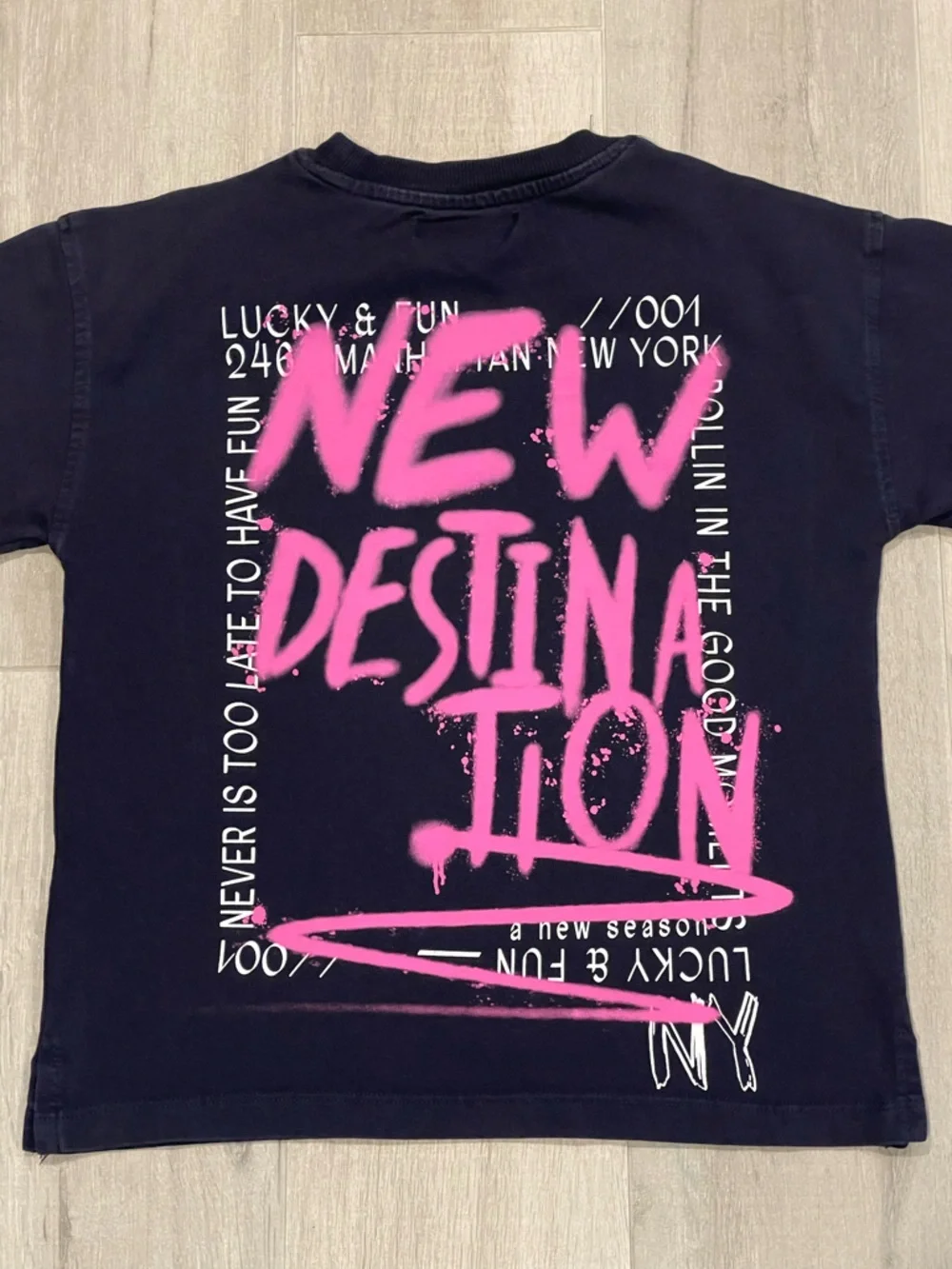 ZARA Kids New Destination NY Graphic T-Shirt Navy Blue Pink Size 6–7 cool